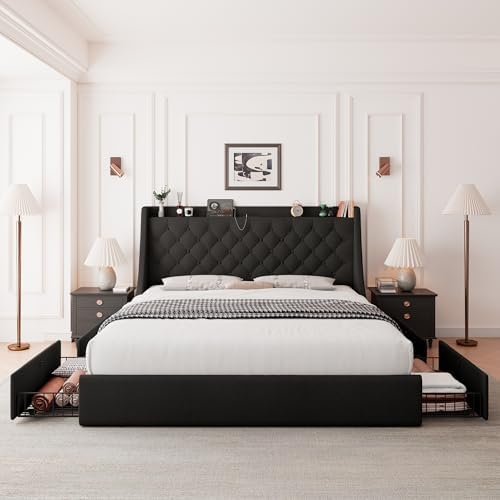 Feonase Upholstered Full Size Bed Frame with 4 Storage Drawers, Large Wingback Storage Headboard, No Box Spring Needed, Black