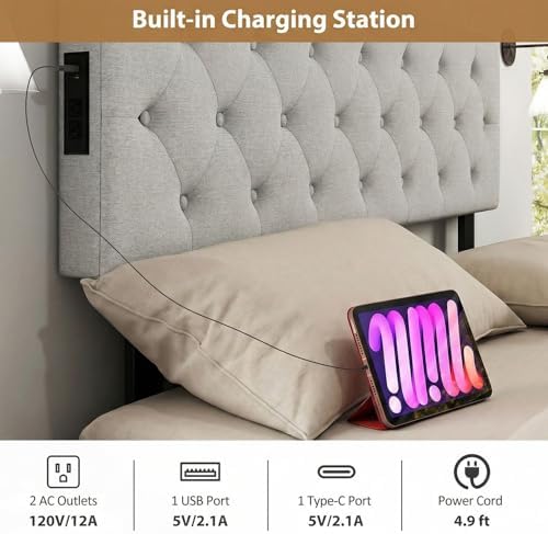 GIANTEX Headboard with Charging Station, Queen/Full Size Button Tufted Upholstered Head Board w/2 AC Outlets, USB & Type-C Ports, Rubber Wood Legs, Width Adjustable Modern Bed Headboard Only (Grey)