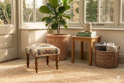 Handmade Jute Upholstered Ottoman Stool | Square Foot Rest with Wooden Legs | Decorative Accent Seating for Bedroom, Living Room, Entryway, Vanity & Hallway (Yellow-Beige)