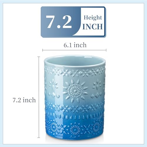 LOVECASA 7.2" Extra Large Ceramic Utensil Holder, Farmhouse Crock, Blue