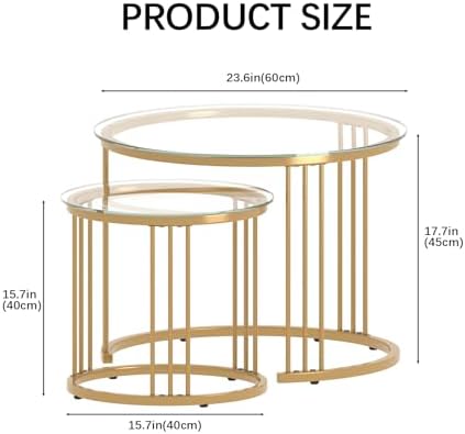 Garden 4 you Nesting Coffee Table, 23.6" Round Coffee Table Set of 2, Glass Nesting Table with Metal Frame, Ceter Tables for Living Room Bedroom Balcony, Gold