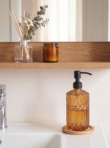 JASAI 18Oz Amber Glass Soap Dispenser with Black Pump for Bathroom.
