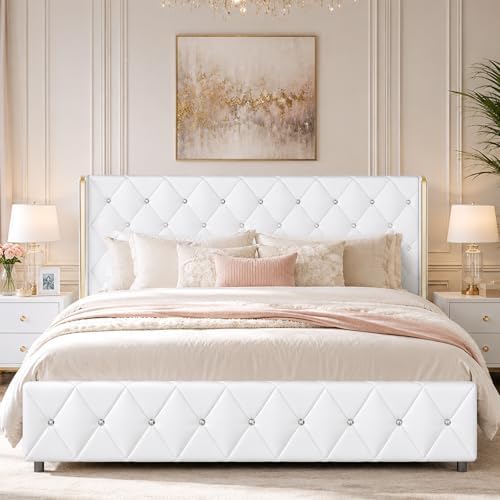 HOMBCK King Bed Frame with Leather Headboard, Goldside Wingback, White
