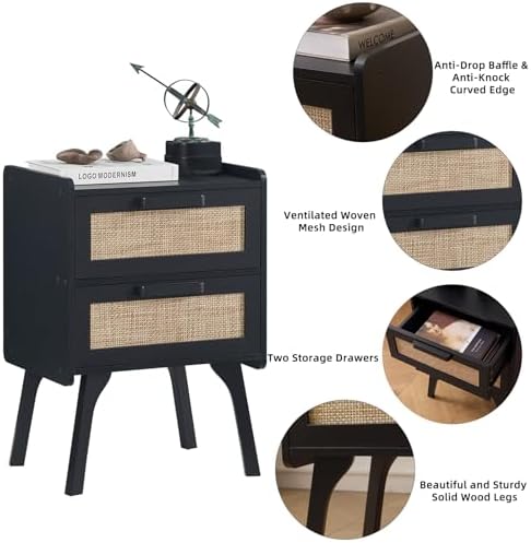 Lerliuo Rattan Nightstands Set of 2 for Bedroom, 2 Drawers