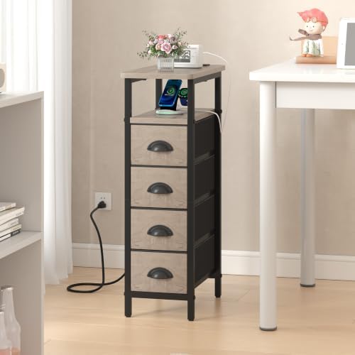 sthmec Side Table with Charging Station, Narrow End Table with 4 Drawers, Small Nightstands with Fabric Drawers,Slim Sofa Couch Side Tables for Small Spaces,Living Room,Bedroom, Grey