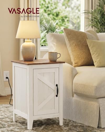 VASAGLE Side Table with Charging Station and Storage Cabinet, Nightstand