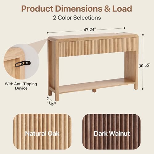 Seang Fluted Sofa Table with Power Outlets,47" Narrow Console Table with 2 Drawers Behind Couch,Curved Entryway Tables with Open Storage for Entrance,Hallway,Living Room,Natural