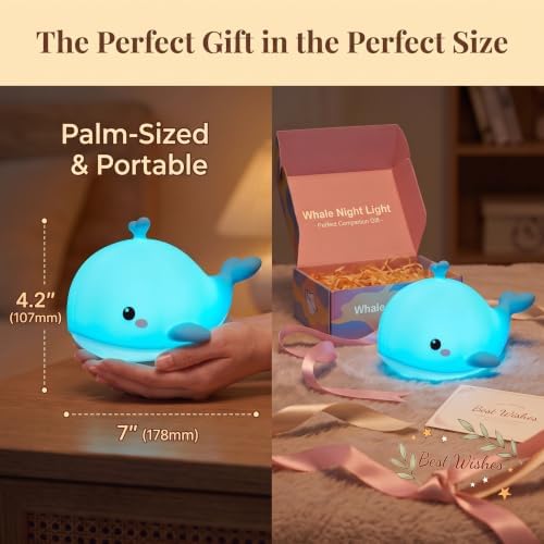 Whale Night Light, Dimmable Animal Lamp, Touch, Remote & Timer
