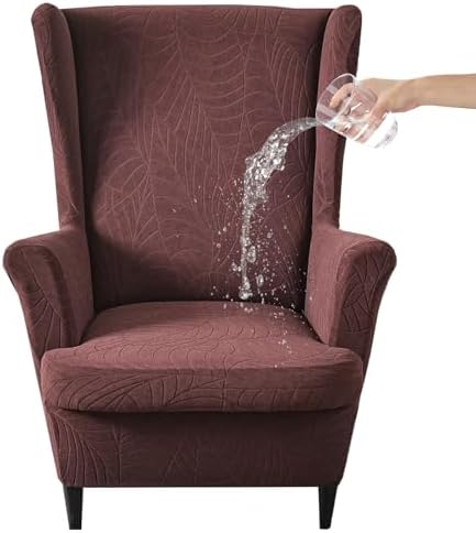 2 Piece Wingback Chair Cover Stretch Jacquard Wing Back Chair Slipcover with Armrest Washable Furniture Protector for Armchair Living Room Bedroom