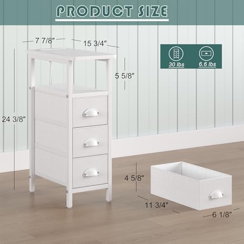 Sthmec End Table with Charging Station,Narrow Side Tables with USB Ports and Outlets,Skinny Bedside Tables with 3 Drawers,Small Tables Nightstands for Small Space,Slim Sofa Table for Livingroom, White