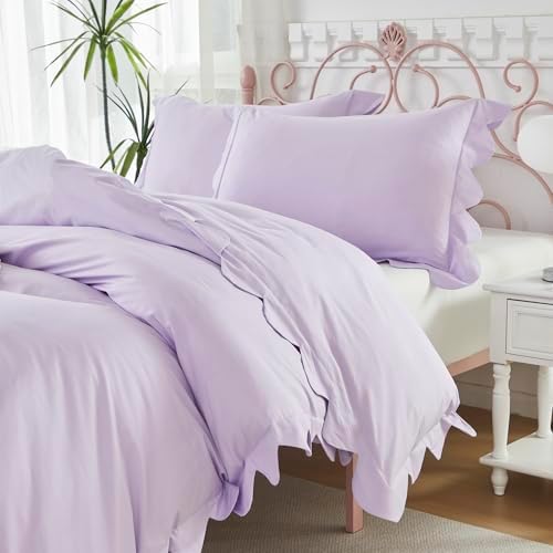 Brandream Organic Cotton Duvet Cover Set Twin/Twin XL Scalloped Edge Purple Girls Bedding Size Soft Breathable Luxury Bed Set Grandmillennial Cottagecore Coquette Hotel Style Bedroom, Zipper Closure