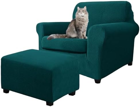 3 Piece Stretch Matching Chair and Ottoman Slipcover Set, Jacquard Arm Chair/Ottoman/Fitted Seat Covers, Non-Slip Accent Armchair and Foot Stool Slip Cover (Teal,3 Pieces Set)