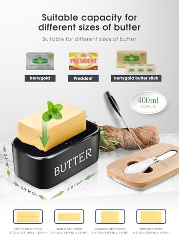 Ceramic Butter Dish with Lid and Knife & Silicone Seal 400ml 2 Pack Black