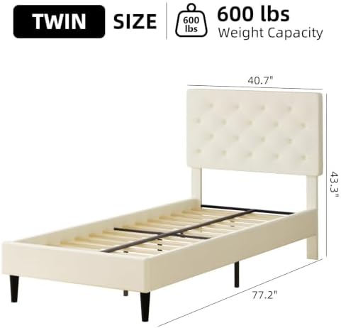 HOMBCK Twin Size Bed Frame with Adjustable Headboard, Cream