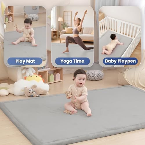 Large 79"x110" Baby Activity Play Mat for Floor,1.3" Thick Elasti Foam Cushion Mat for Tummy Time & Crawling,Non-Slip&Safe for Infants,Toddlers & Kids, for Living Room,Classroom & Playroom(Light Grey)