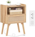 Lerliuo Rattan Nightstand with Charging Station, Boho Night Stand