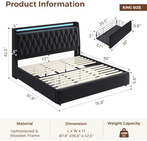 Jocoevol King Size Bed Frame with 2 Storage Drawers & Hidden Headboard