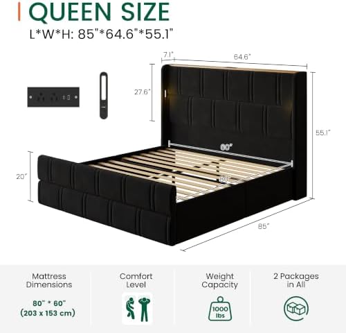 LARMACE 55.1" Tall Headboard Queen Size Bed Frame, 2 Reading Lights, Black