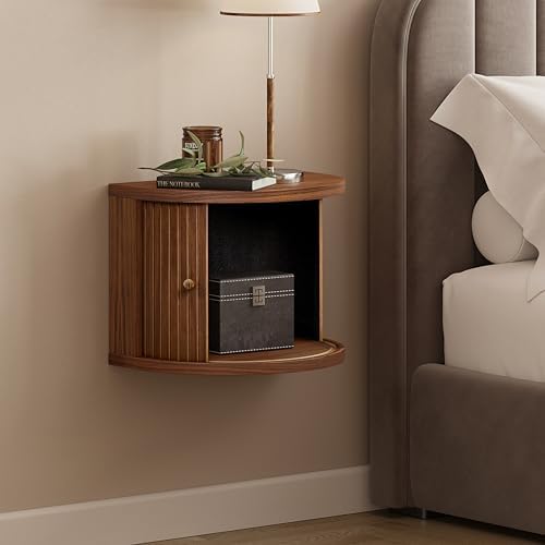 WERMO 16'' Fully Assembled Floating Nightstand with Storage and Sliding Door - Floating Side Table for Bedroom and Living Room. Mid Century Modern Nightstand Wood, Bedside Shelf Wall Mount (Walnut)
