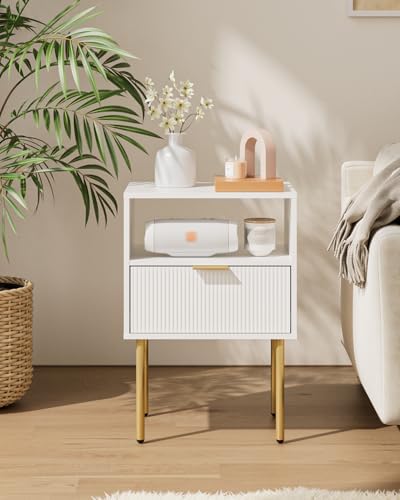 Aienvey Nightstand with One Drawer, White Stripe Night Stand and Gold Frame