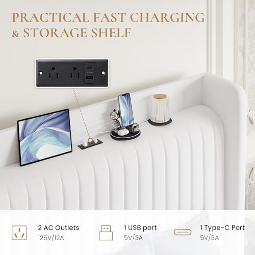 SHA CERLIN Queen Size Velvet Bed Frame with Shelf, Charging Station, White