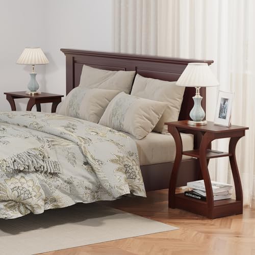 FROMJBEST End Tables Living Room, Cherry End Table with Charging Station