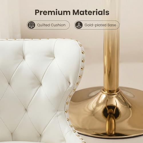 Set of 2 Adjustable Swivel Bar Stools,Faux Leather Upholstered Counter Height Chairs with Nailhead Trim, Gold Footrest, and High Back for Kitchen Island, Home Bar, Dining Room, Cafe,White