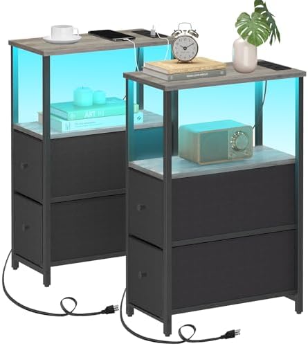 TUTOTAK Narrow LED End Table with Charging Station, Skinny Side Table