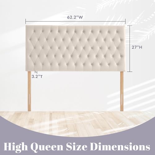 Kingfun Upholstered Queen Headboard Only, Premium Velvet Button Tufted Headboards, Adjustable Solid Wood Head Board, Padded Headboard with Solid Wood Legs in Bedroom (Beige)