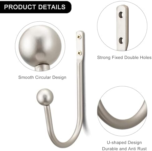 Curtain Holdback, 2 Pcs Wall Mounted Drapery Tiebacks with Screws, Heavy Duty Metal Decorative Window Drapery Holder Curtain Hook (Silver)