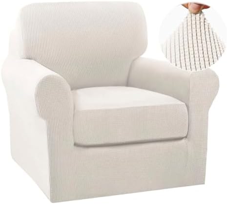 Turquoize 2 Piece Chair Covers Chair Slipcovers for Living Room Small Armchair Cover with Arms Washable Furniture Cover for Chairs Feature Thick Jacquard Fabric (Small Armchair, Ivory)