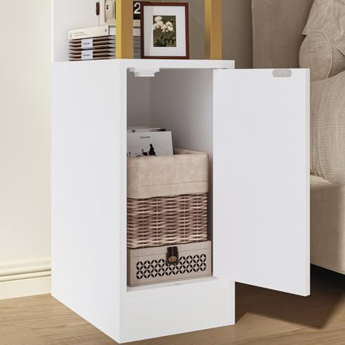 YATINEY Narrow Nightstand, Skinny Side Table with Charging Station, Bedside Table with Cabinet, Night Stand for Small Spaces, Bed Side Cabinet for Bedroom, Living Room, White and Gold ET27UDW