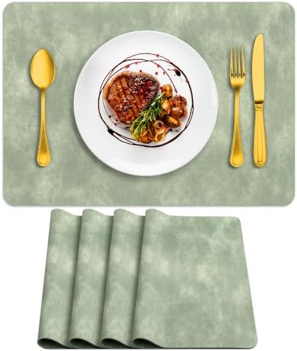 ADRIMER Fall Placemats Set of 4, Heat Resistant Faux Leather, Green