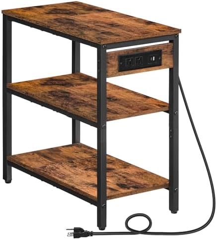 HOOBRO End Table with Charging Station, Side Table with 3 Tier Storage Shelf, Narrow Nightstand for Small Spaces, for Living Room, Bedroom, Easy Assembly, Rustic Brown and Black BF149UBZ01