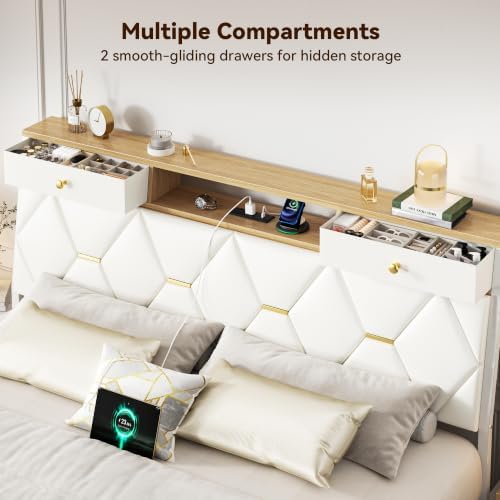 FreeHouse Full Size Bed Frame with Headboard & Storage, All Metal Structure