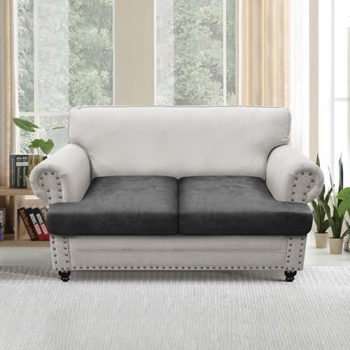 T Cushion Loveseat Sofa Cover Leather-Look 2PC Stretch Sofa Seat Cushion Slipcover Individual Couch Seat Covers with Elastic Bands, Pet-Friendly, Non-Slip, Easy Fit - Dark Grey