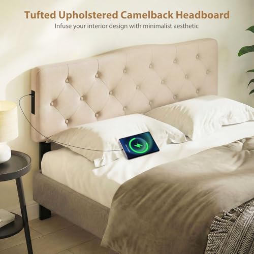 GIANTEX Headboard with Charging Station, Queen/Full Size Button Tufted Upholstered Head Board w/2 AC Outlets, USB & Type-C Port, Rubber Wood Legs, Width Adjustable Modern Bed Headboard Only (Beige)