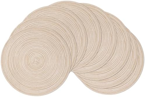 SHACOS Round Braided Placemats Set of 8 Cotton Fabric Round Table Mats Non Slip Washable 15 inch Round Place Mats Home Party Table Decor (Beige, 8)