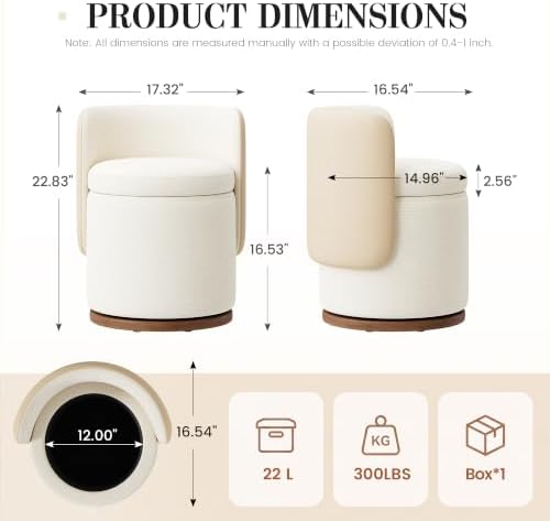 Ottoman with Storage, Round Vanity Stool with Back