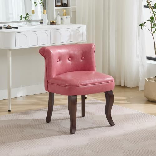 WUTUTUEE Leather Vanity Chair with Back, Tufted Upholstered Vanity Stool with Solid Wood Legs, Mid Century Small Makeup Chair for Vanity, Accent Chair for Bedroom, Living Room, Pink