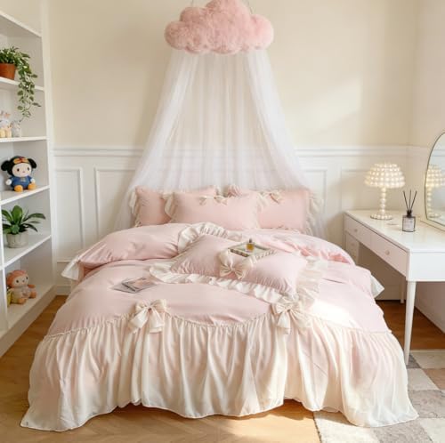 IHOUSTRIY Duvet Cover Queen Size, Ruffle Beddding Set with Bowtie, 3 Pieces Comforter Cover Set with Zipper Closure, Girl Princess Bedding with Pillowcase - Light Pink, Queen