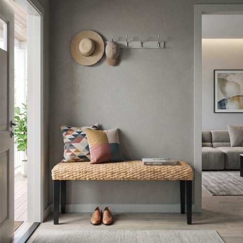 Solid Wood Acacia Indoor Bench, Water Hyacinth Seat, Black Leg, Plait Style