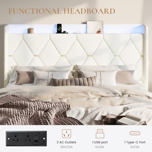 SHA CERLIN King Size Bed Frame with Storage Drawer & LED Lights, White