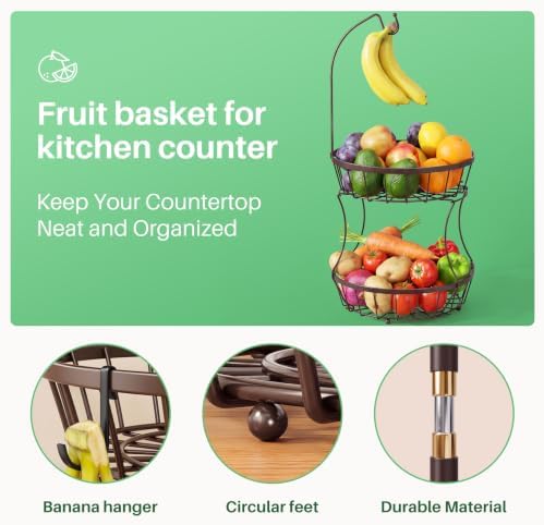 SAYZH 2-Tier Large Fruit Basket Bowl for Kitchen Counter with Banana Hanger