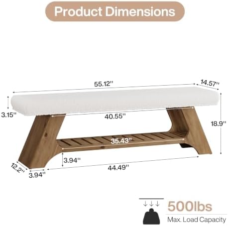Tribesigns 55" Solid Wood Bench with Cushion, Upholstered Entryway Bench