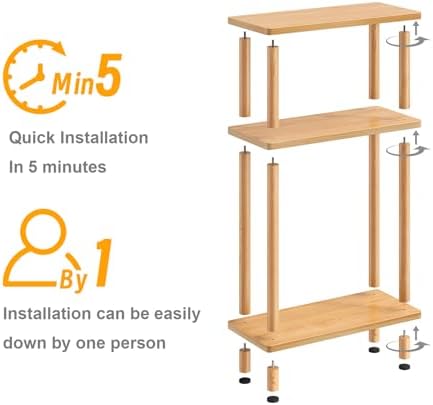 Apicizon Small Narrow Side Table, 3-Tier Skinny End Table, Natural