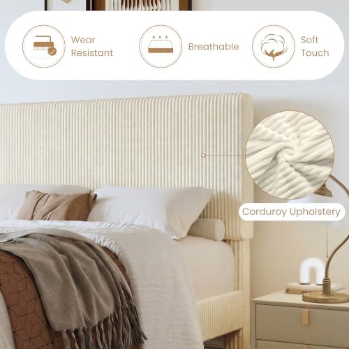 SHA CERLIN Full Platform Bed, Adjustable Tufted Corduroy Headboard, Cream