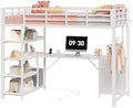 Loft Bed Twin Size with L Shape Desk,4 Drawers,3-Tier Storage Shelves Metal Loft Bed Frame with Power Outlet and LED Lighted,No Box Spring Needed,Space-Saving,Noise Free (White, Twin Size)
