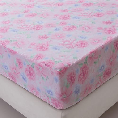 Bedding Fitted Sheet with Deep Pocket,Pink Floral Printed Fabric Bed Sheets(Pink Flower,Queen)