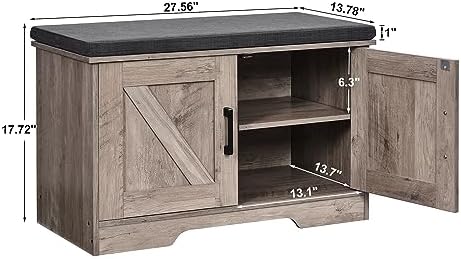 HOMSHO Farmhouse Shoe Storage Bench with 2 Barn Doors & Padded Seat Cushion